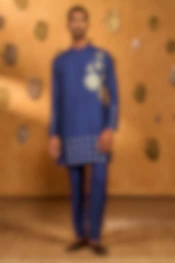 Sapphire Blue Raw Silk Foil Printed Kurta Set by Masaba Men