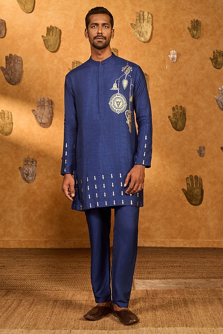 Sapphire Blue Raw Silk Foil Printed Kurta Set by Masaba Men