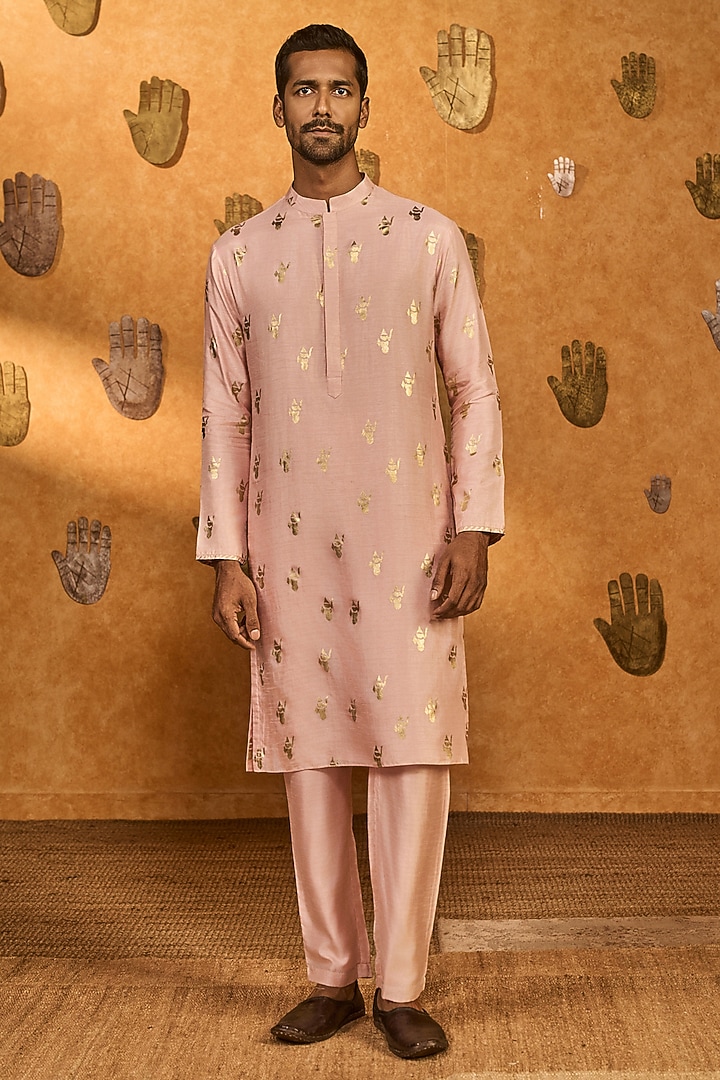 Baby Pink Raw Silk Foil Printed Kurta Set by Masaba Men
