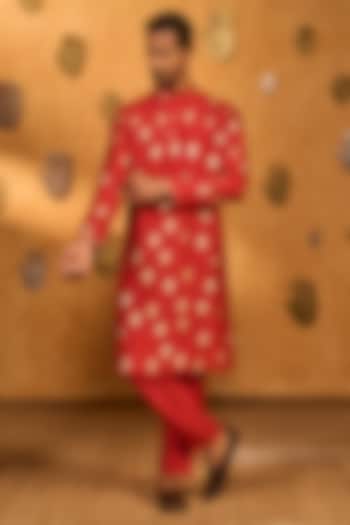 Red Raw Silk Foil Printed Kurta Set by Masaba Men