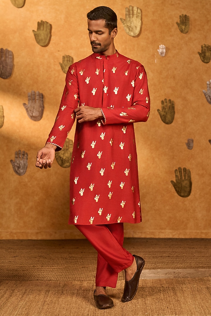 Red Raw Silk Foil Printed Kurta Set by Masaba Men