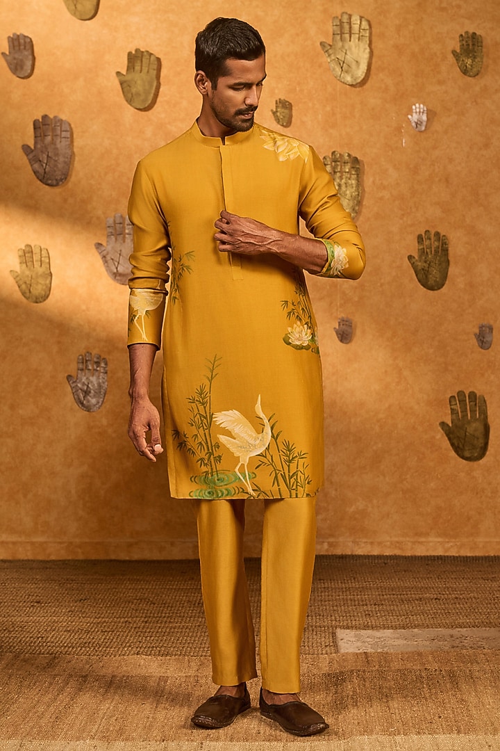Yellow Chanderi Digital Printed Kurta Set by Masaba Men at Pernia's Pop Up Shop