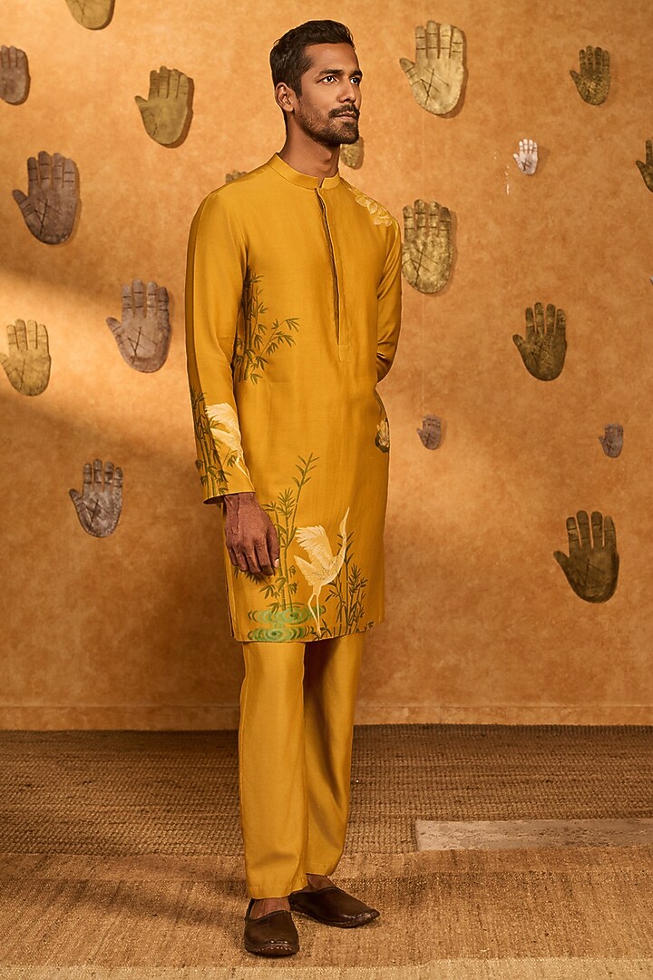 Yellow Chanderi Digital Printed Kurta Set by Masaba Men at Pernia's Pop Up Shop