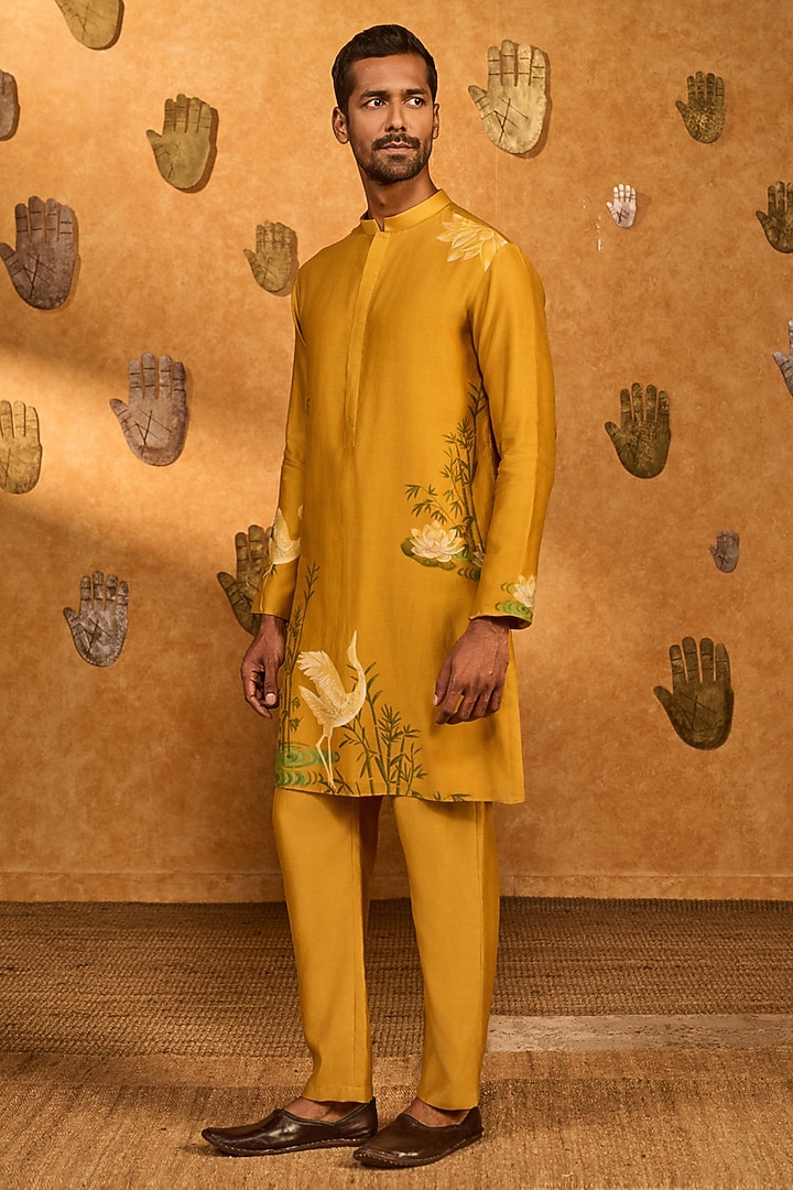Yellow Chanderi Digital Printed Kurta Set by Masaba Men at Pernia's Pop Up Shop