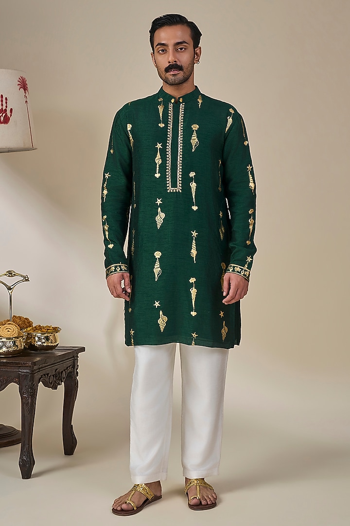 Bottle Green Viscose Slub Foil Printed & Embroidered Kurta by Masaba Men at Pernia's Pop Up Shop