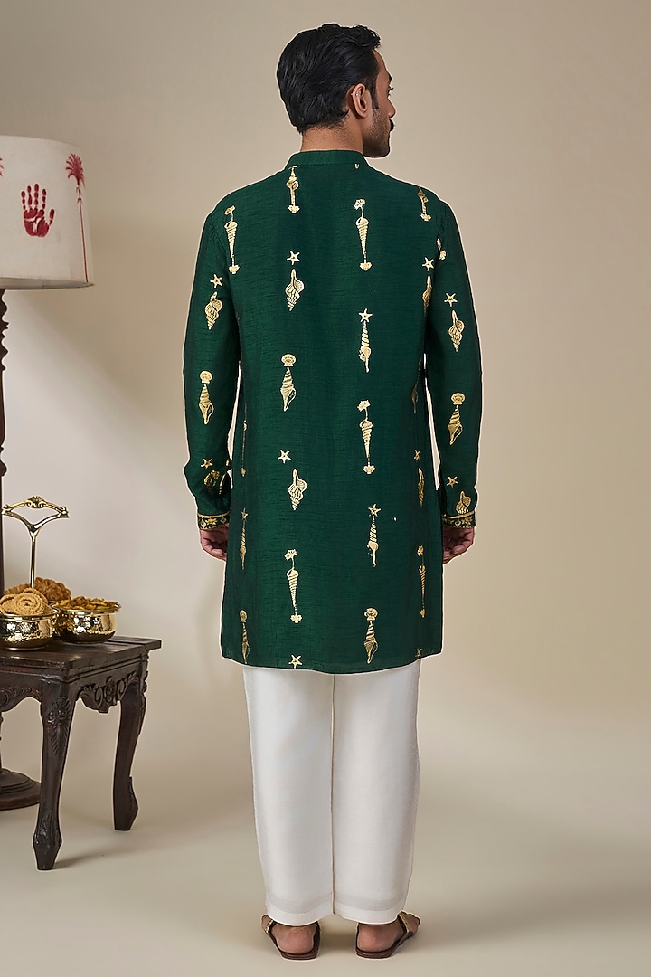 Bottle Green Viscose Slub Foil Printed & Embroidered Kurta by Masaba Men at Pernia's Pop Up Shop