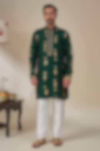 Bottle Green Viscose Slub Foil Printed & Embroidered Kurta Set by Masaba Men at Pernia's Pop Up Shop