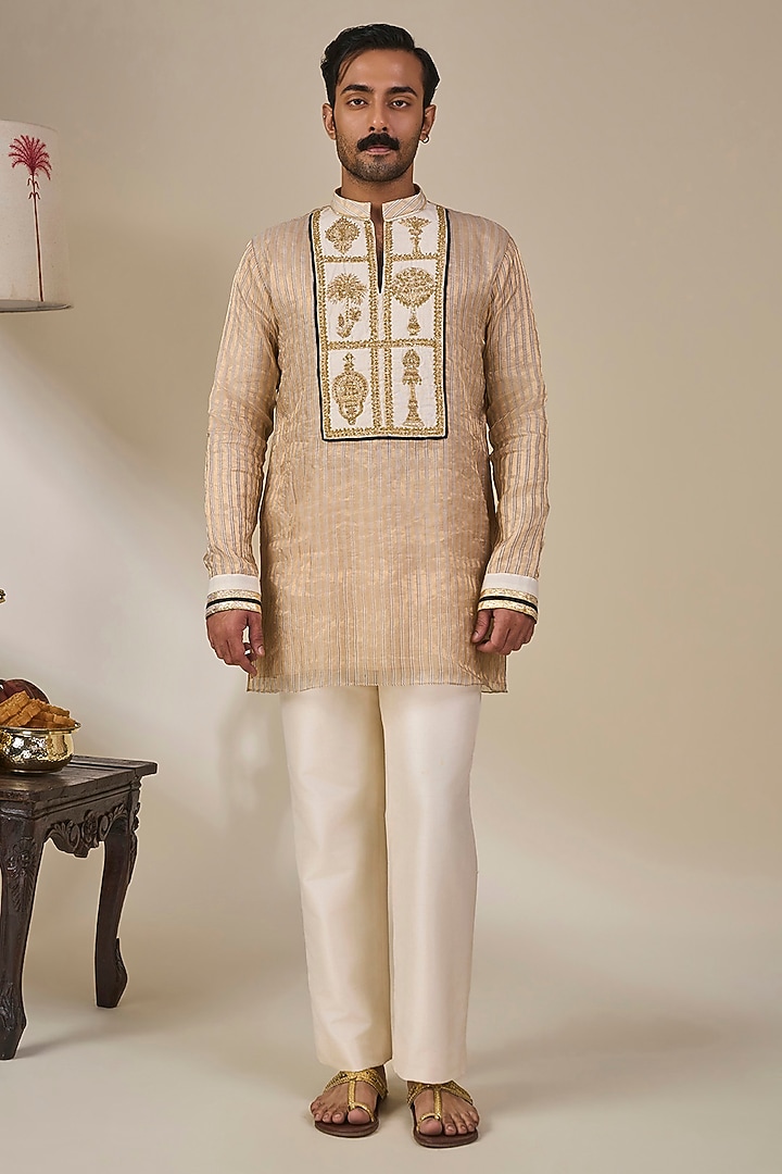 Gold Tissue Silk Embroidered Striped Kurta by Masaba Men at Pernia's Pop Up Shop