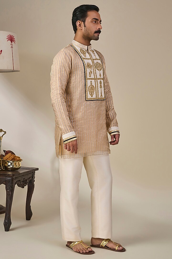 Gold Tissue Silk Embroidered Striped Kurta by Masaba Men at Pernia's Pop Up Shop