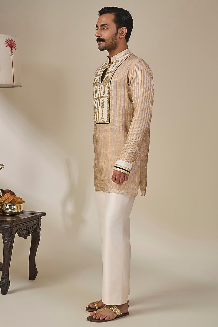 Gold Tissue Silk Embroidered Striped Kurta by Masaba Men at Pernia's Pop Up Shop