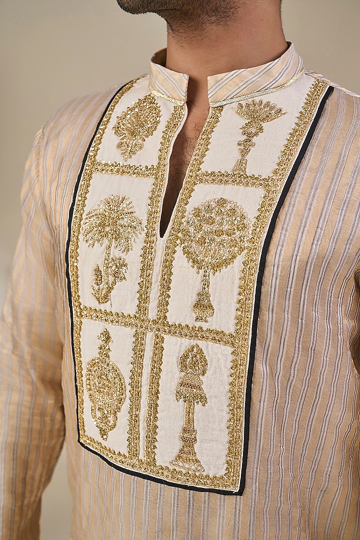 Gold Tissue Silk Embroidered Striped Kurta by Masaba Men at Pernia's Pop Up Shop