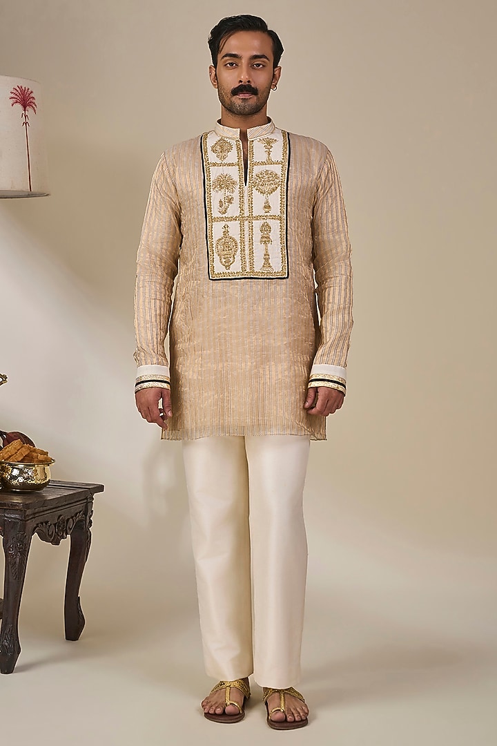 Gold Tissue Silk Embroidered Striped Kurta Set by Masaba Men at Pernia's Pop Up Shop