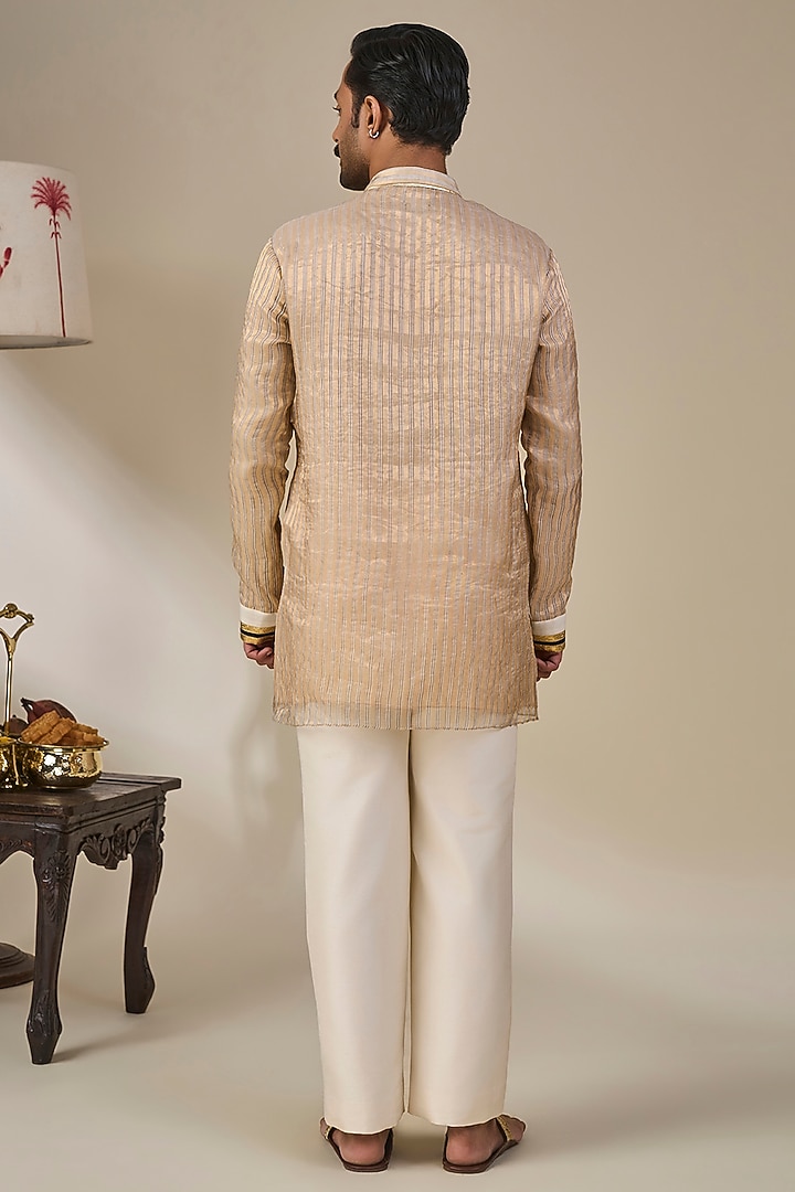 Gold Tissue Silk Embroidered Striped Kurta Set by Masaba Men at Pernia's Pop Up Shop