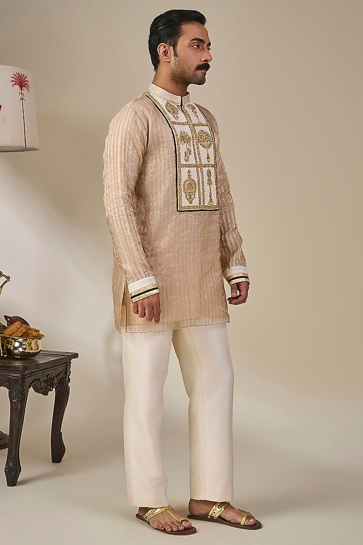 Gold Tissue Silk Embroidered Striped Kurta Set by Masaba Men at Pernia's Pop Up Shop