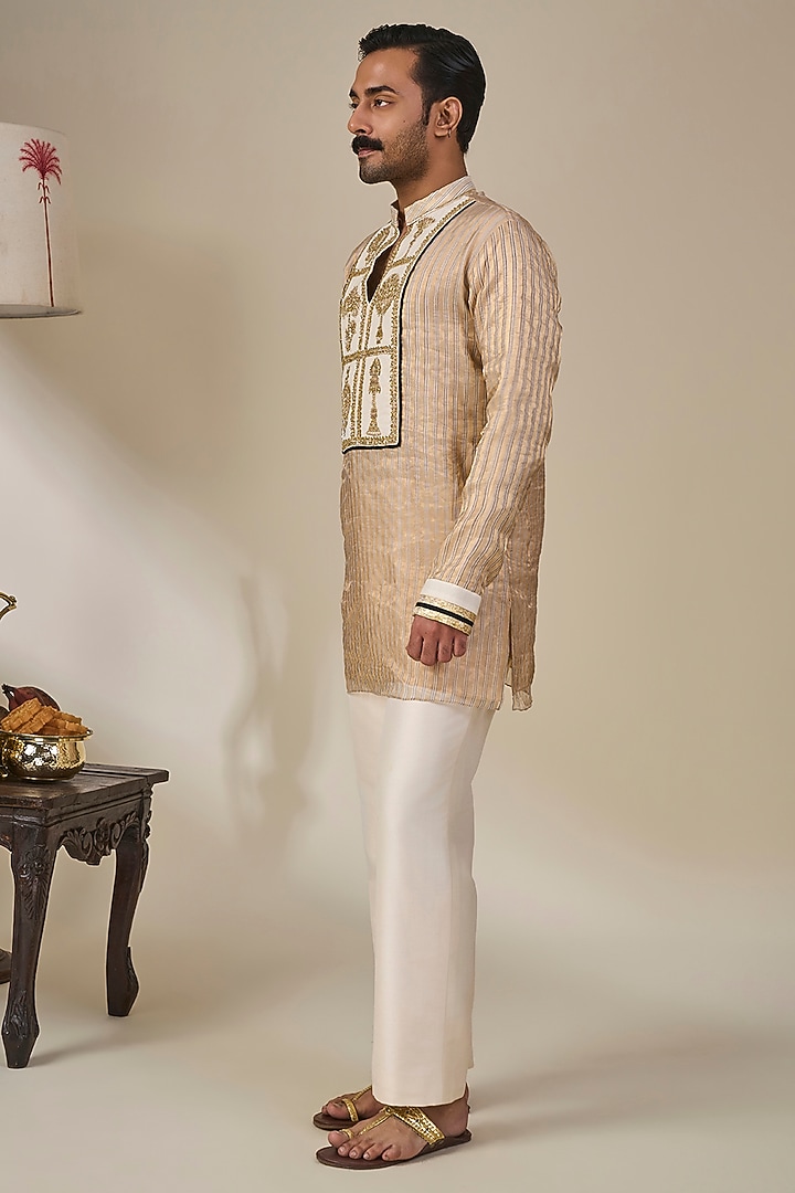 Gold Tissue Silk Embroidered Striped Kurta Set by Masaba Men at Pernia's Pop Up Shop