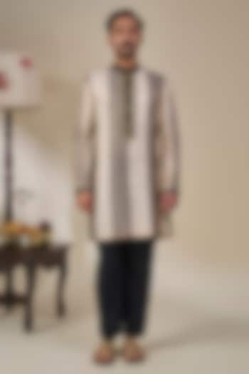 Black Tissue Silk Foil Printed & Dori Work Striped Kurta by Masaba Men at Pernia's Pop Up Shop
