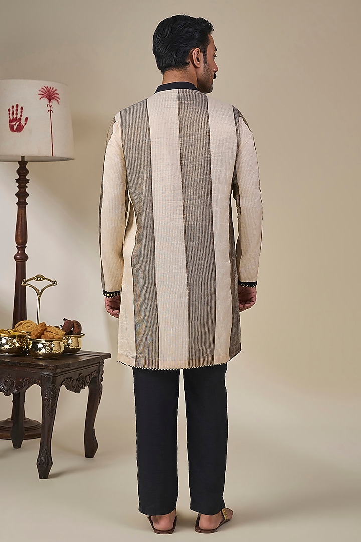 Black Tissue Silk Foil Printed & Dori Work Striped Kurta by Masaba Men at Pernia's Pop Up Shop