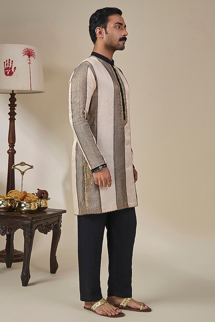 Black Tissue Silk Foil Printed & Dori Work Striped Kurta by Masaba Men at Pernia's Pop Up Shop