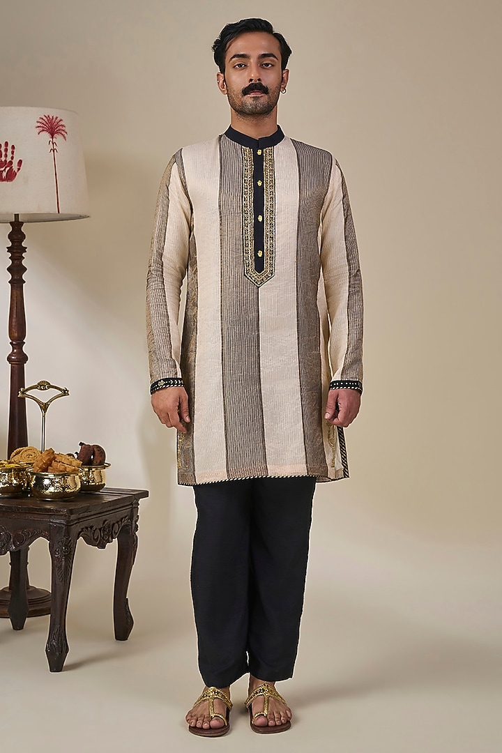 Black Tissue Silk Foil Printed & Dori Work Striped Kurta Set by Masaba Men at Pernia's Pop Up Shop