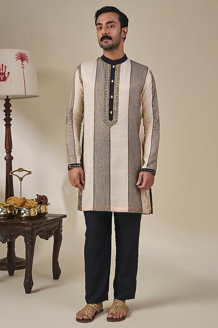 Black Tissue Silk Foil Printed & Dori Work Striped Kurta Set by Masaba Men at Pernia's Pop Up Shop