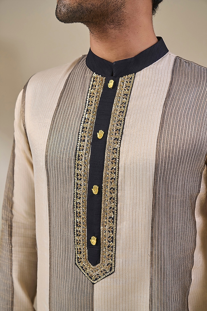 Black Tissue Silk Foil Printed & Dori Work Striped Kurta Set by Masaba Men at Pernia's Pop Up Shop