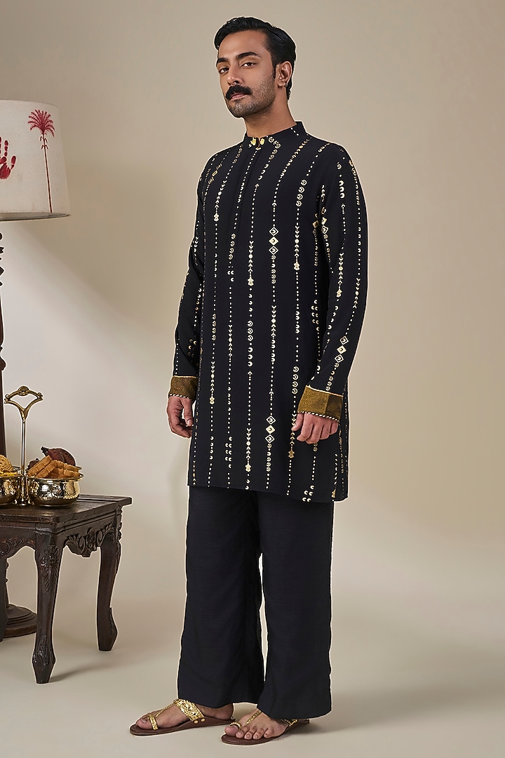Black Viscose Crepe Dori Work & Foil Printed Kurta by Masaba Men at Pernia's Pop Up Shop