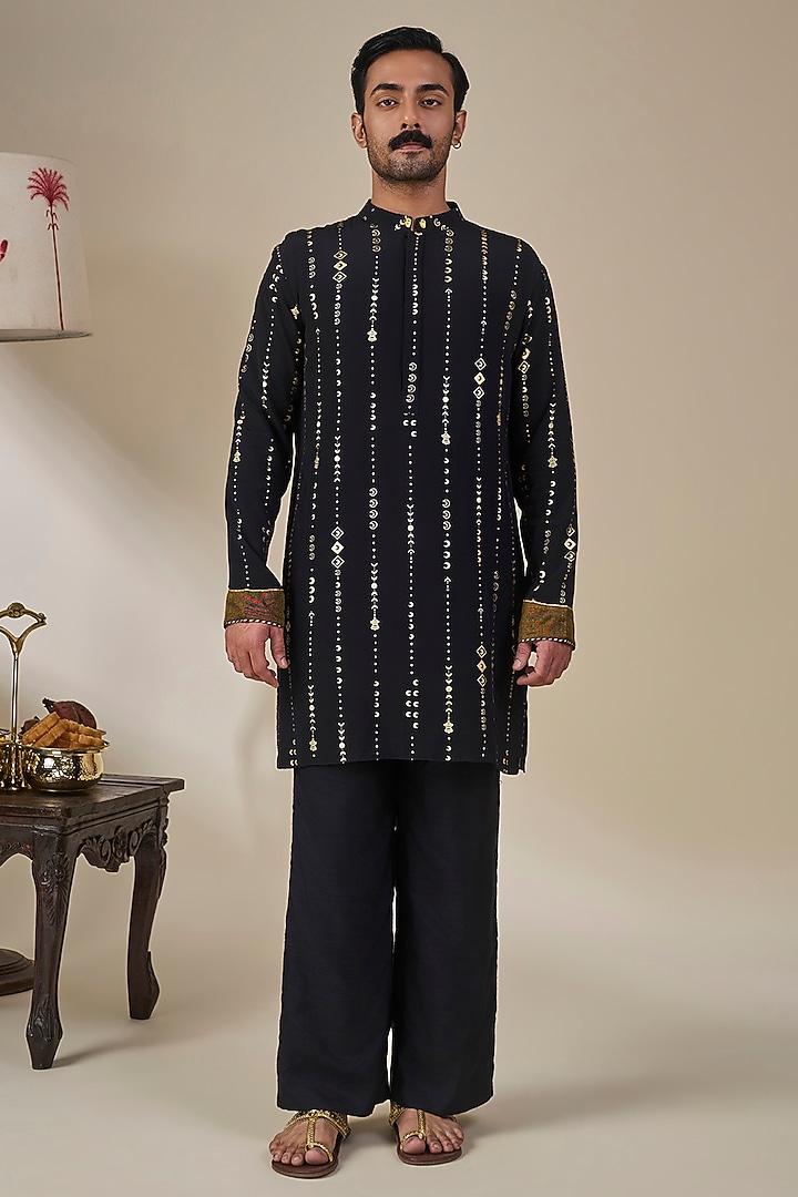 Black Viscose Crepe Dori Work & Foil Printed Kurta Set by Masaba Men at Pernia's Pop Up Shop
