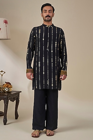 Black Viscose Crepe Dori Work & Foil Printed Kurta Set by Masaba Men