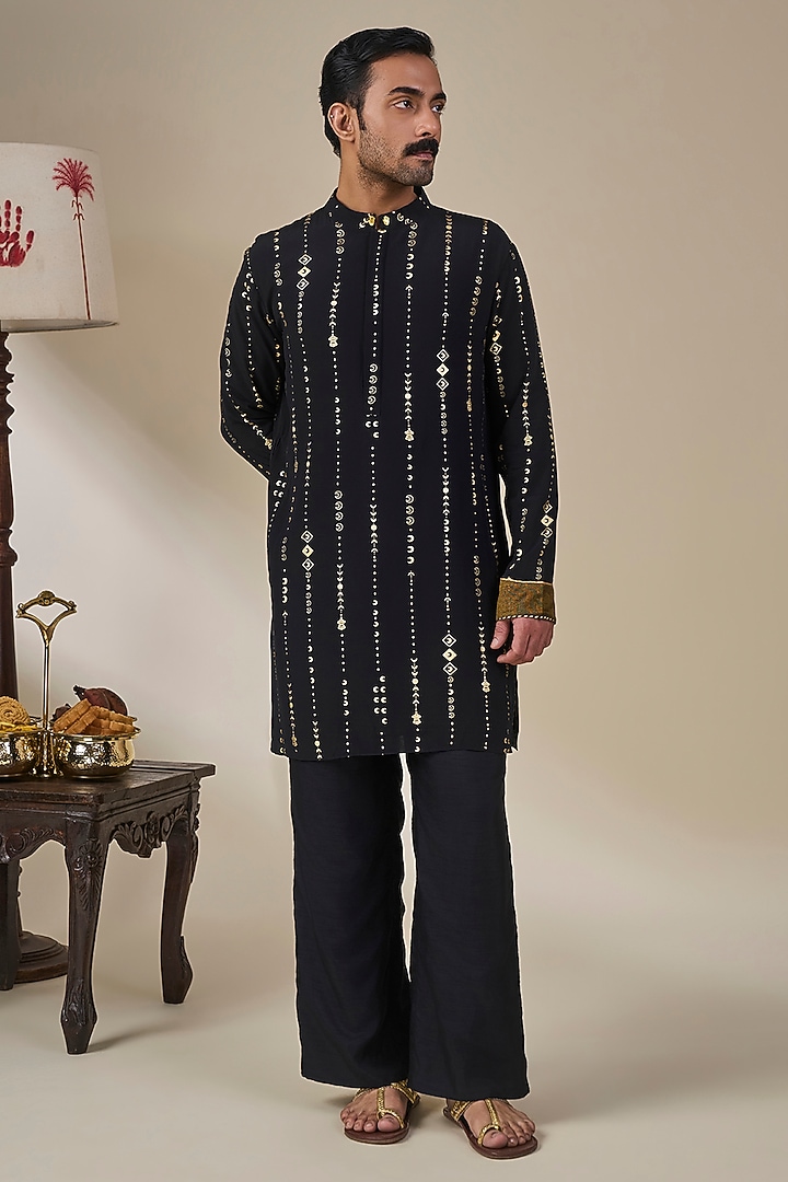 Black Viscose Crepe Dori Work & Foil Printed Kurta Set by Masaba Men at Pernia's Pop Up Shop