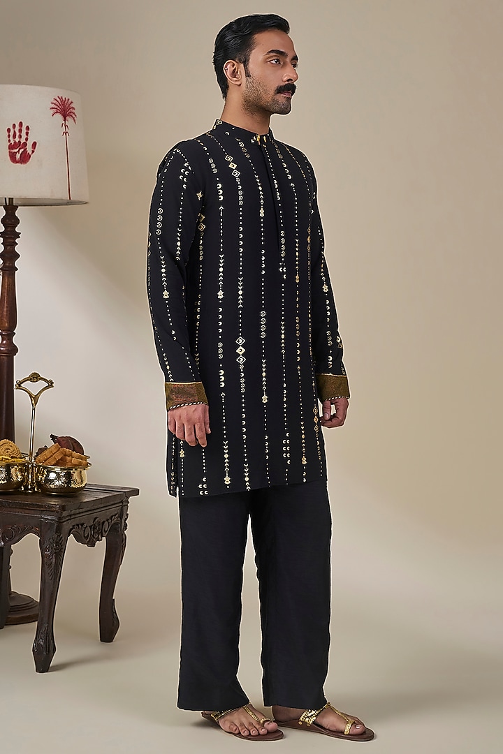 Black Viscose Crepe Dori Work & Foil Printed Kurta Set by Masaba Men at Pernia's Pop Up Shop