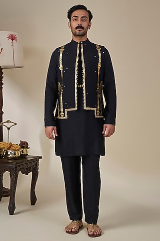 Black Viscose Slub Foil Printed & Sequins Embroidered Bundi Jacket Set by Masaba Men
