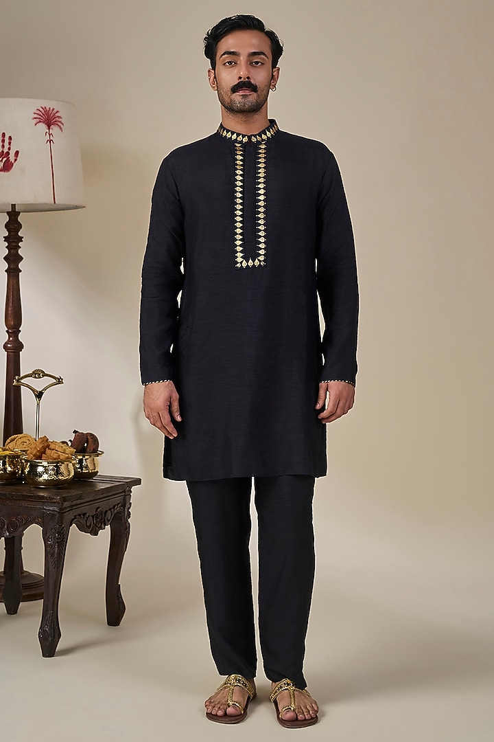 Black Viscose Slub Foil Printed & Sequins Embroidered Bundi Jacket Set by Masaba Men at Pernia's Pop Up Shop