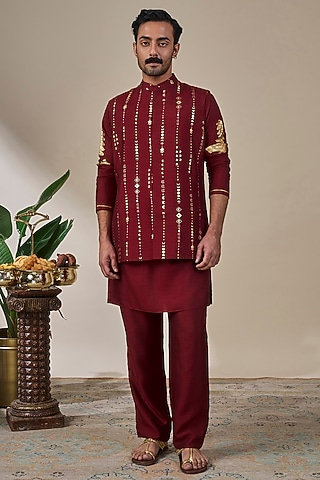 Maroon Viscose Slub Foil Printed & Sequins Embroidered Bundi Jacket Set by Masaba Men