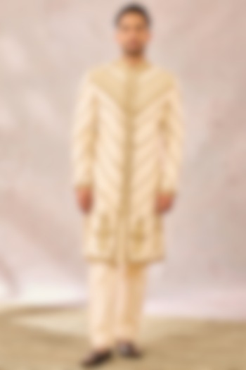 Ivory Heavy Raw Silk Zardosi Embroidered Groom Sherwani Set by Masaba Men at Pernia's Pop Up Shop