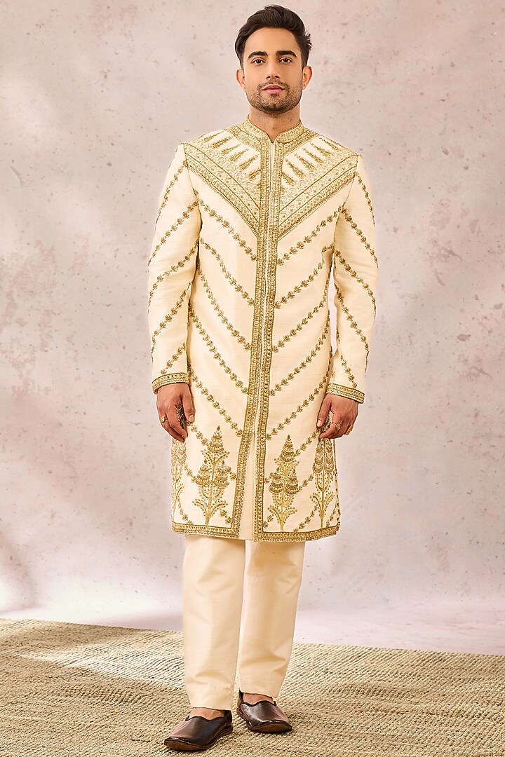 Ivory Heavy Raw Silk Zardosi Embroidered Groom Sherwani Set by Masaba Men at Pernia's Pop Up Shop