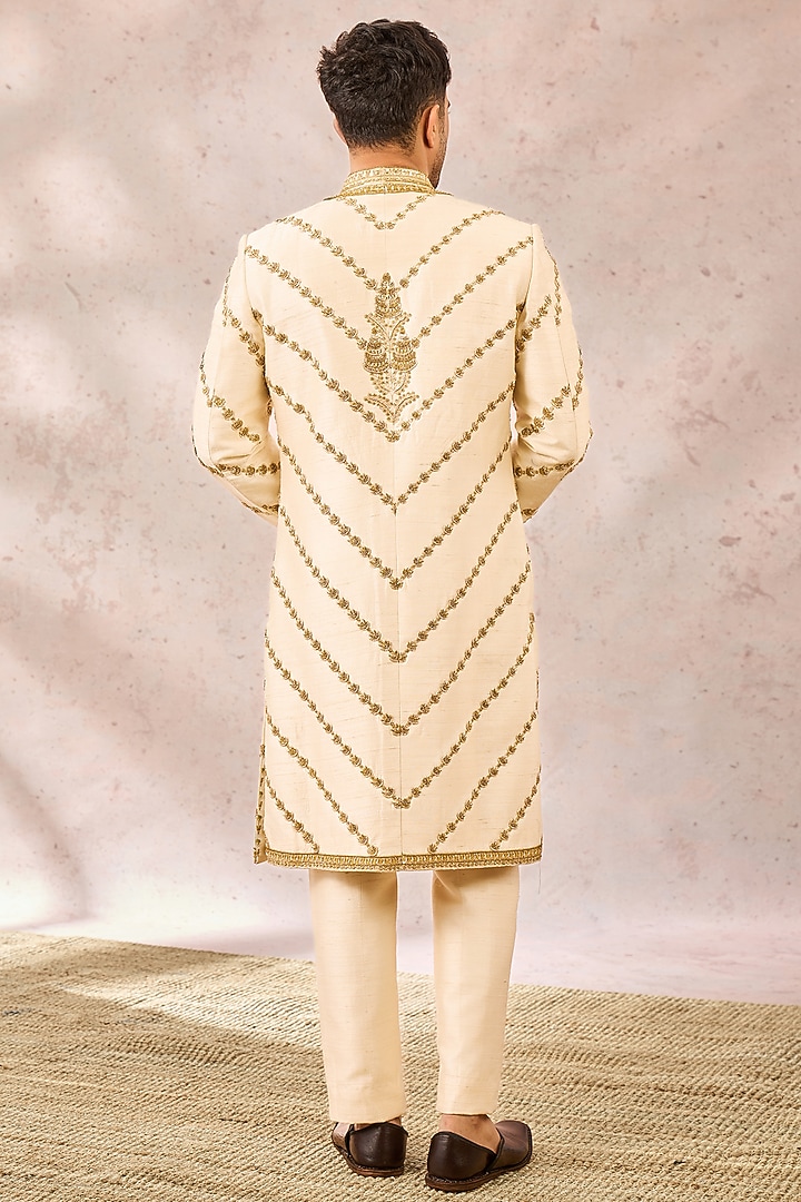 Ivory Heavy Raw Silk Zardosi Embroidered Groom Sherwani Set by Masaba Men at Pernia's Pop Up Shop