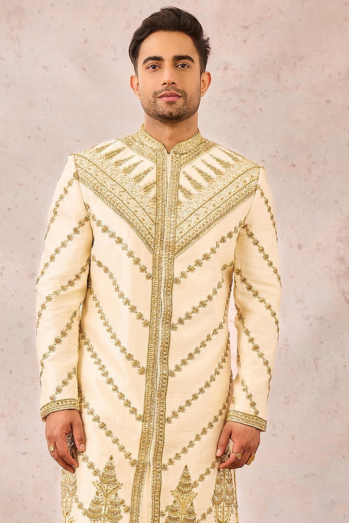 Ivory Heavy Raw Silk Zardosi Embroidered Groom Sherwani Set by Masaba Men at Pernia's Pop Up Shop