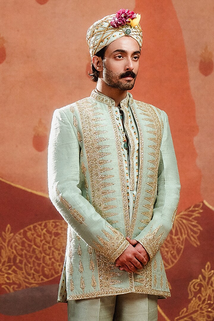 Sage Green Heavy Raw Silk Pearl Work & Cutdana Embroidered Koti Set by Masaba Men at Pernia's Pop Up Shop