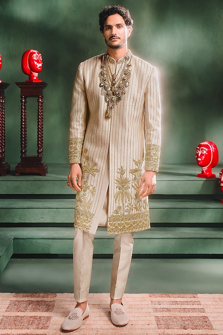 Beige Heavy Raw Silk Motifs & Zardosi Embroidered Sherwani Set by Masaba Men