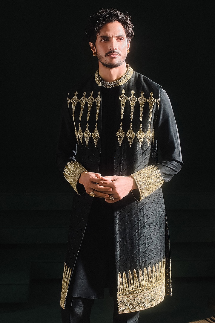 Black Heavy Raw Silk Embellished Long Bundi Jacket Set by Masaba Men at Pernia's Pop Up Shop