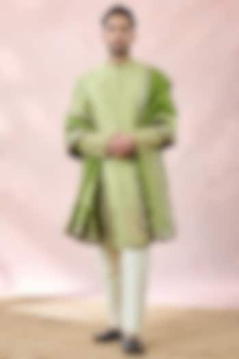 Mint Green Heavy Raw Silk Zardosi Embroidered Groom Sherwani Set by Masaba Men at Pernia's Pop Up Shop