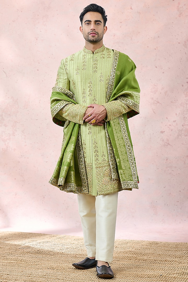 Mint Green Heavy Raw Silk Zardosi Embroidered Groom Sherwani Set by Masaba Men at Pernia's Pop Up Shop