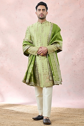 Mint Green Heavy Raw Silk Zardosi Embroidered Sherwani Set by Masaba Men