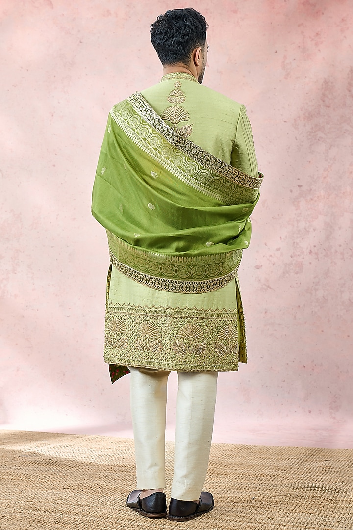Mint Green Heavy Raw Silk Zardosi Embroidered Groom Sherwani Set by Masaba Men at Pernia's Pop Up Shop