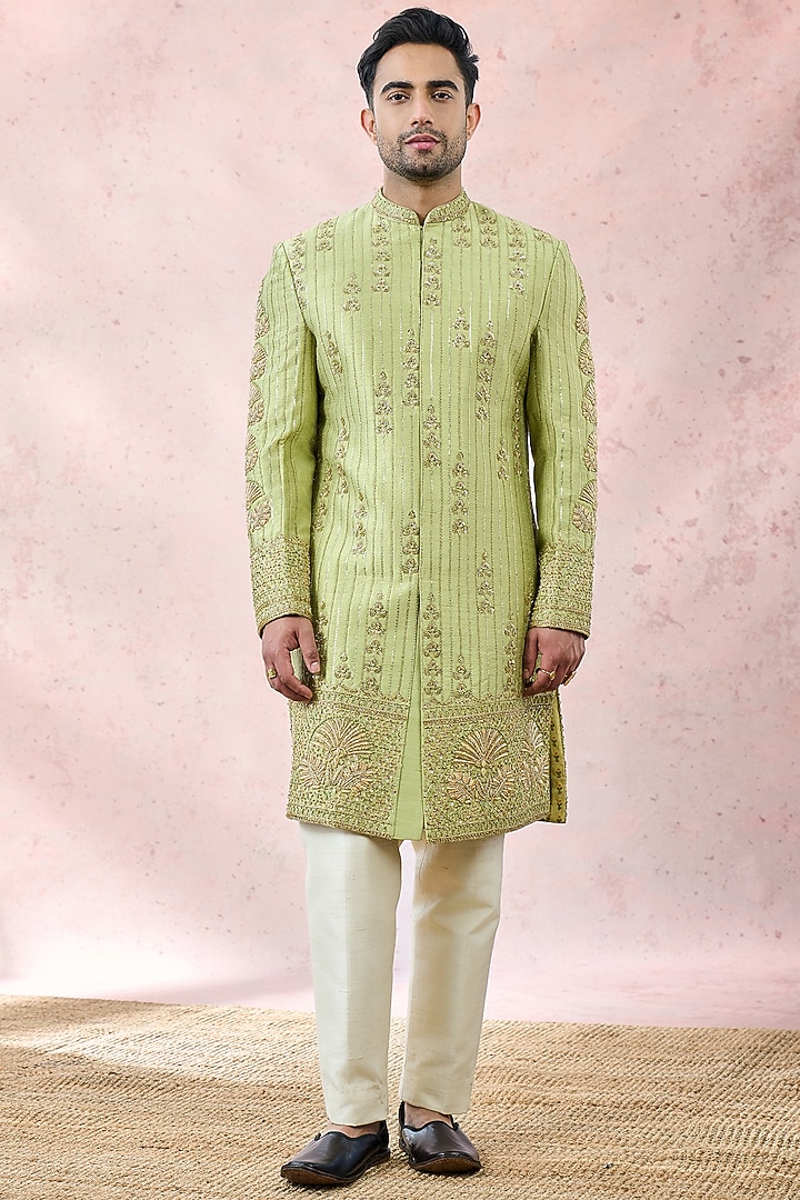 Mint Green Heavy Raw Silk Zardosi Embroidered Groom Sherwani Set by Masaba Men at Pernia's Pop Up Shop