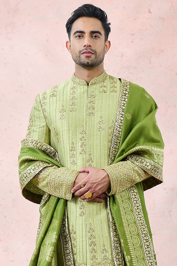 Mint Green Heavy Raw Silk Zardosi Embroidered Groom Sherwani Set by Masaba Men at Pernia's Pop Up Shop