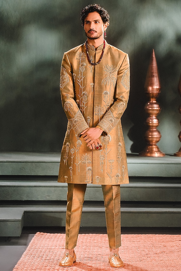 Beige Heavy Raw Silk Sherwani Set by Masaba Men