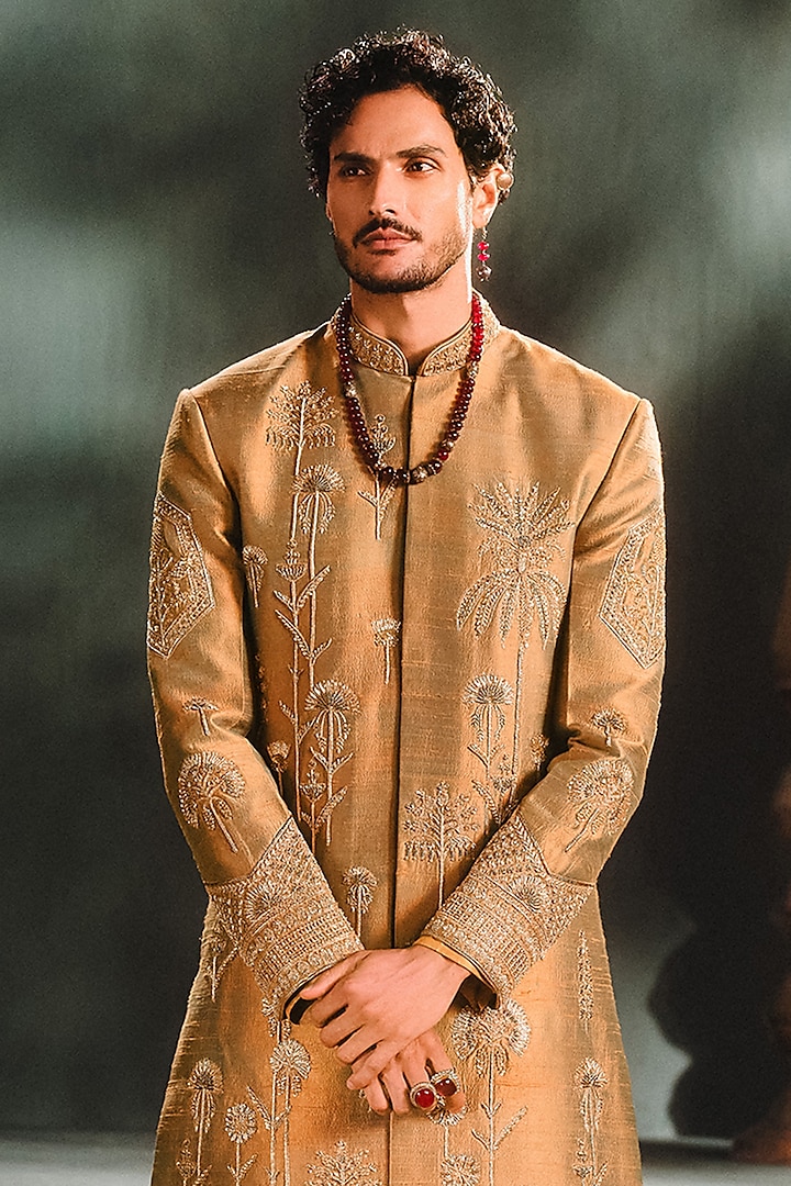 Beige Heavy Raw Silk Groom Sherwani Set by Masaba Men at Pernia's Pop Up Shop