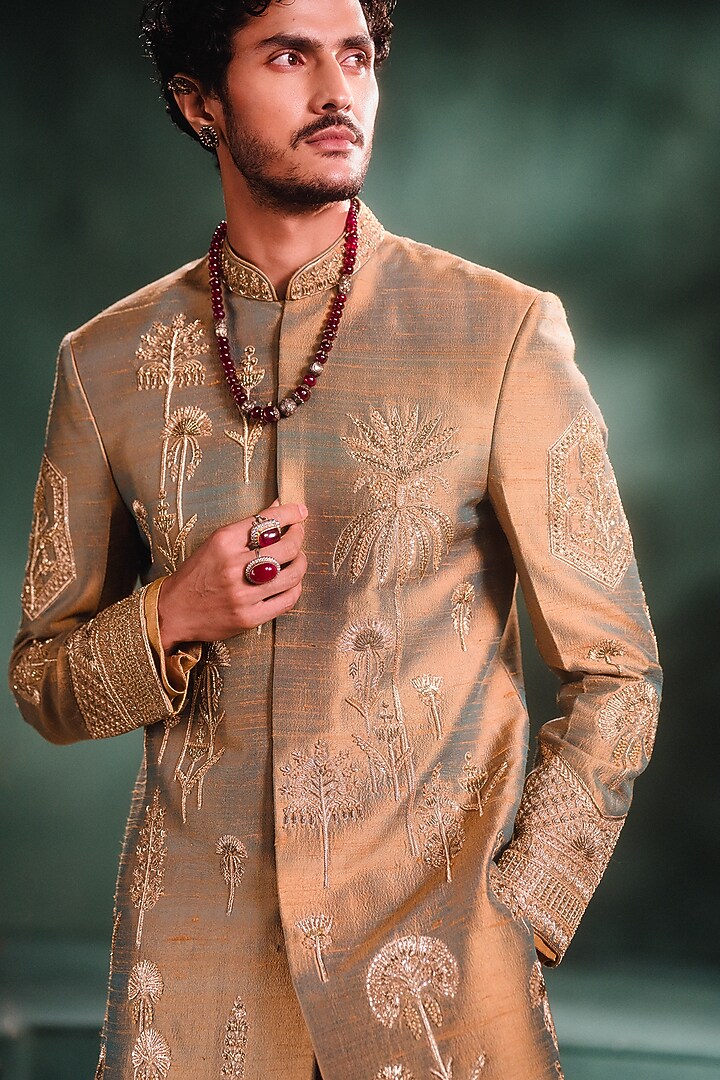 Beige Heavy Raw Silk Groom Sherwani Set by Masaba Men at Pernia's Pop Up Shop