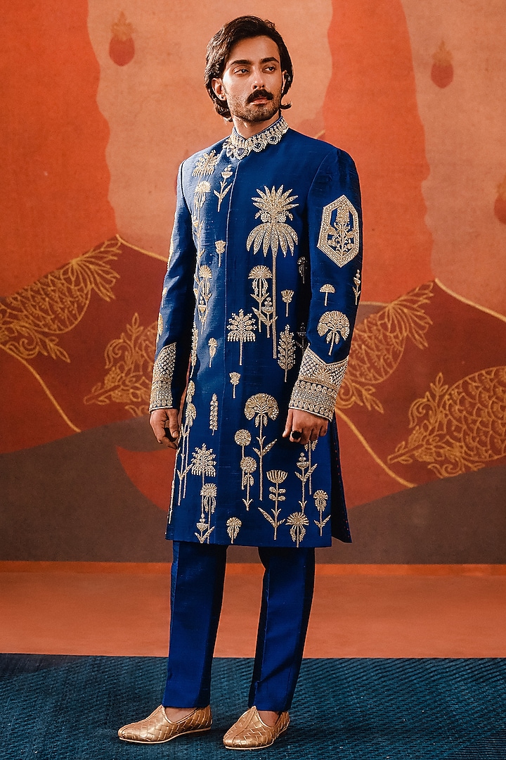 Navy Blue Heavy Raw Silk Embellished Sherwani Set by Masaba Men